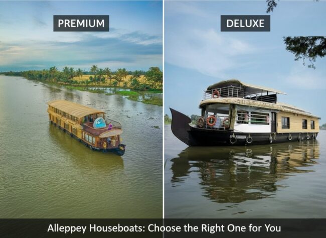 Side by side comparison of a traditional wood mesh deluxe houseboat and a modern glass-enclosed premium houseboat on Alleppey backwaters Kerala