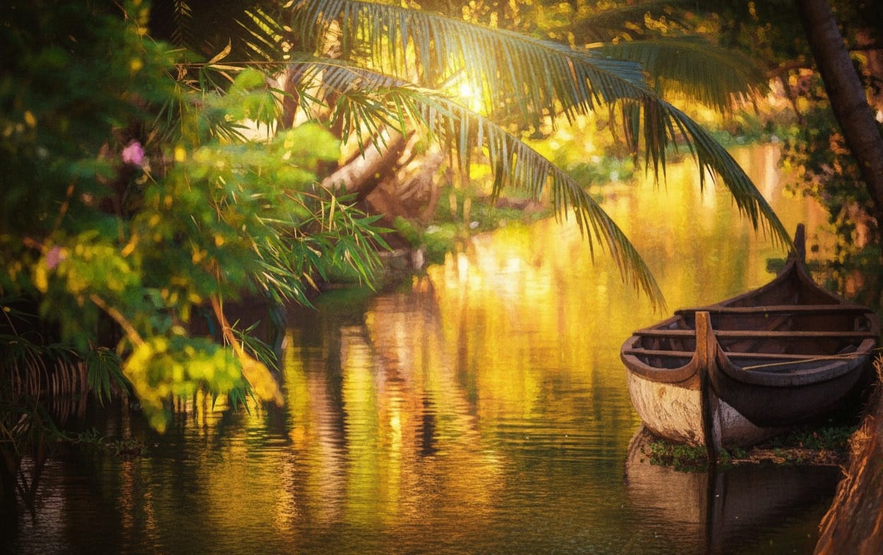 Aerial view of Alappuzha backwaters with luxury houseboats, palm-lined canals, and modern tourism infrastructure under clear tropical sky – Alappuzha Global Water Wonderland project