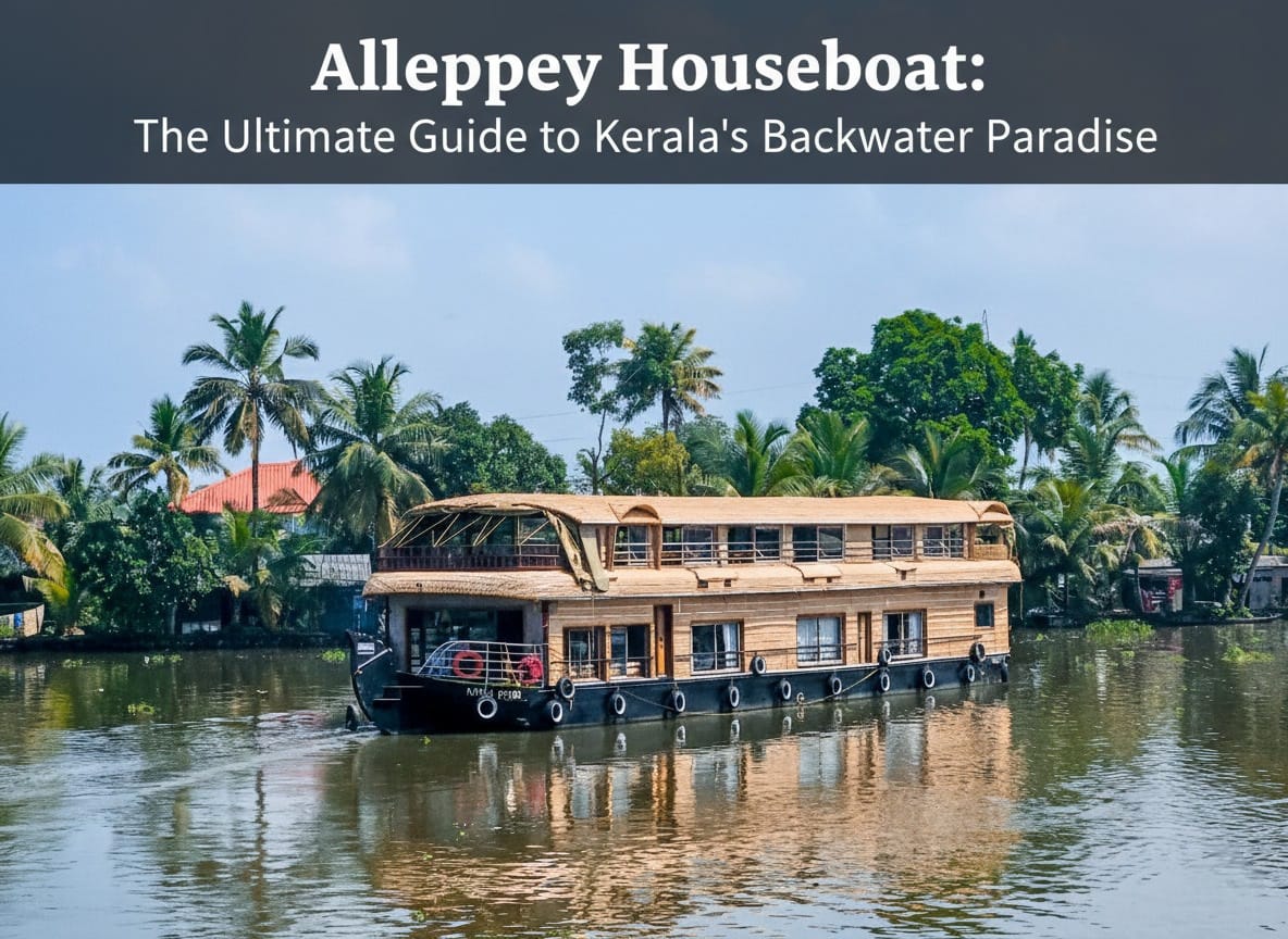 Beautiful Alleppey Houseboat cruising through Kerala backwaters during sunset