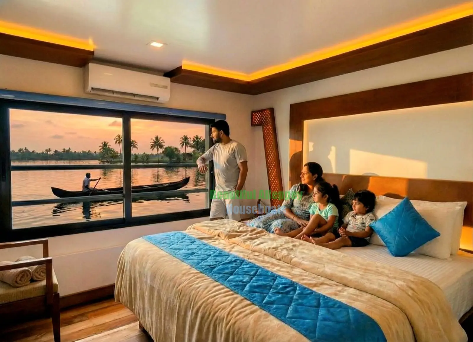 A-family-watching-the-beautiful-evening-from-the-bedroom-of-a-2-bedroom-premium-houseboat-in-alleppey A-family-watching-the-beautiful-evening-from-the-bedroom-of-a-2-bedroom-premium-houseboat-in-alleppey