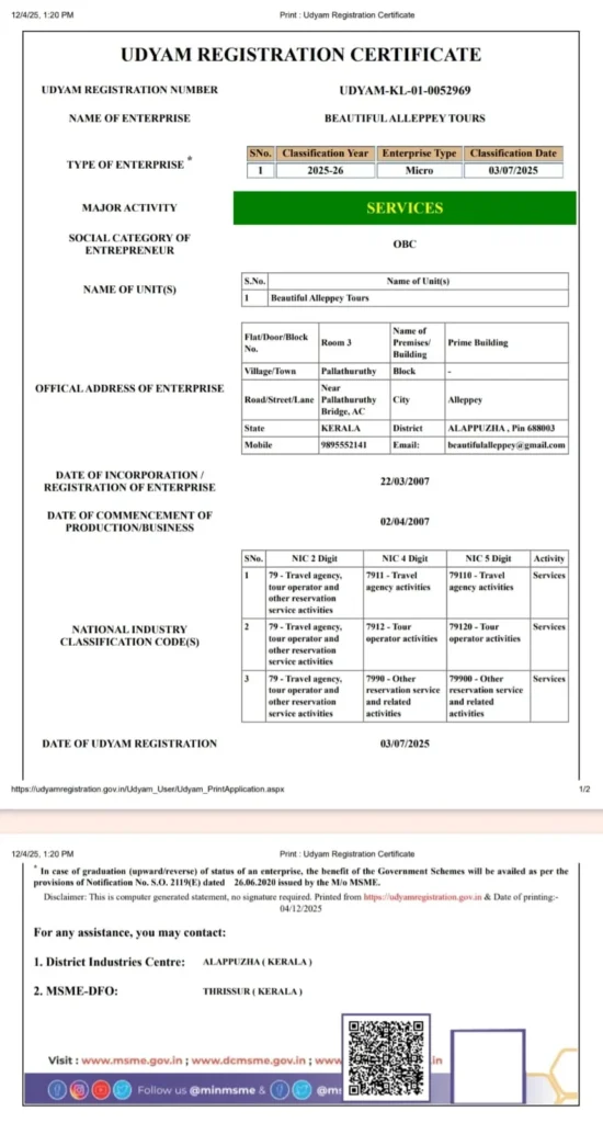 Beautiful Alleppey Udyam Registration Certificate