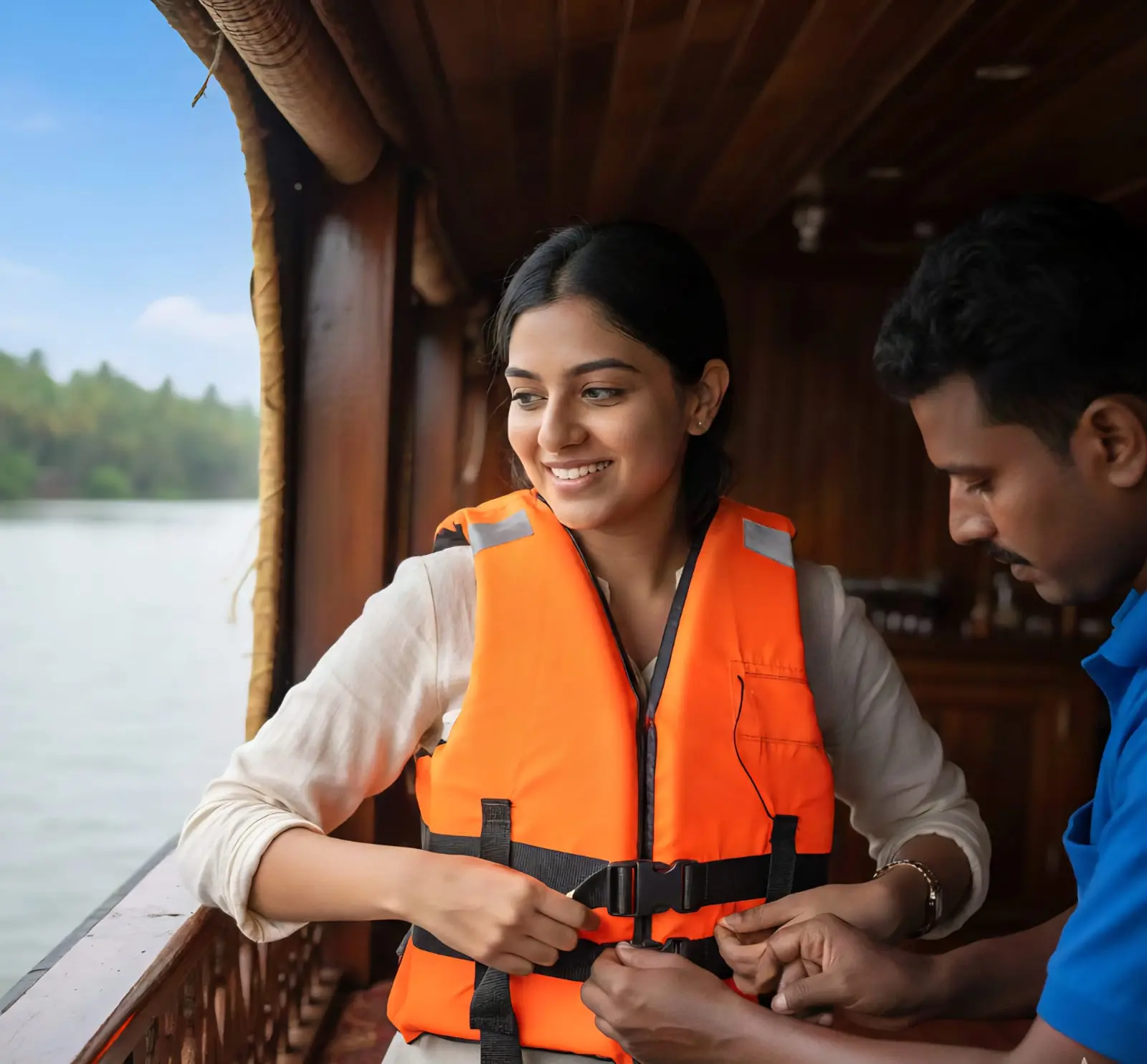 Demonstration of a life jacket being fitted properly on a person on a houseboat.
