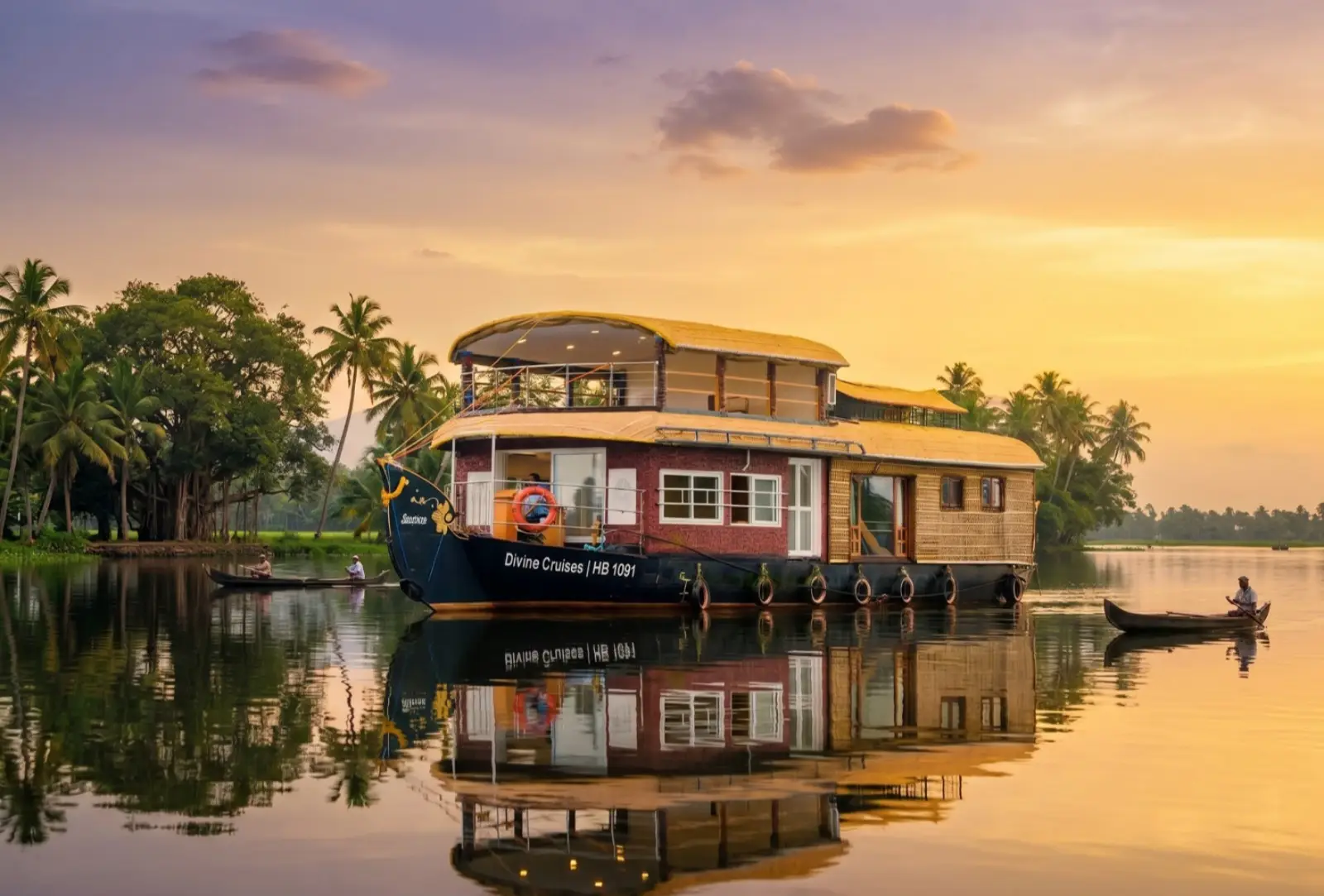 A premium two-story upper deck houseboat reflecting on the calm backwaters of Alleppey during a clear monsoon evening