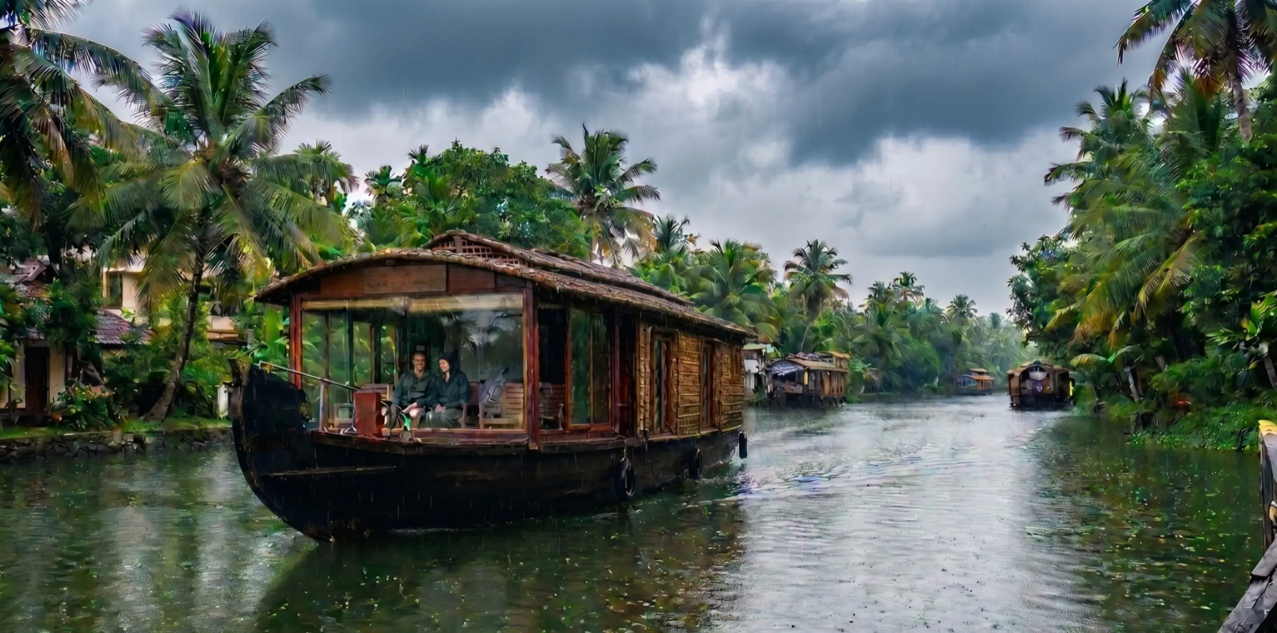 A private premium glass-enclosed houseboat cruising safely through a calm narrow canal in Alleppey during monsoon rain