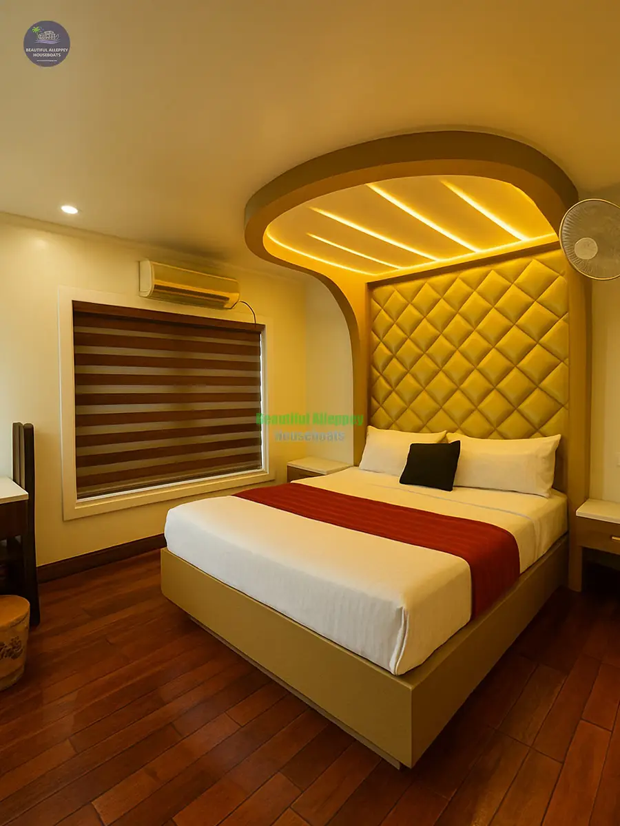 Premium Arch Canopy Bed Suite – 4 Bedroom Houseboat Luxury bedroom featuring an arched illuminated headboard canopy and dark wooden flooring.