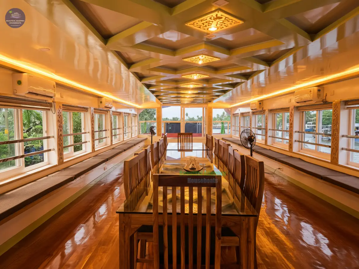 Glass-Covered Full Upper Deck Conference & Dining Space Wide angle view of the massive upper deck interior hall with wooden ceiling finish and long table setup.