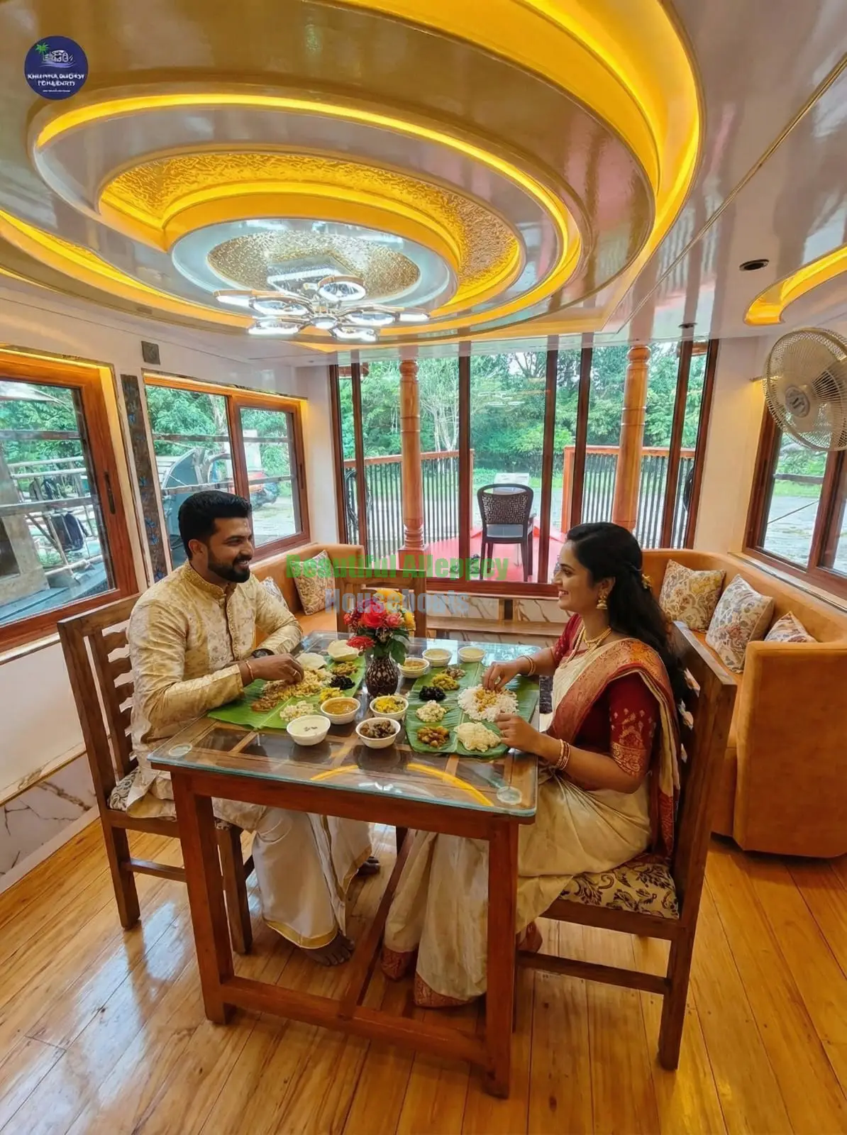 Dining Area on Glass-Covered Houseboat Dining table set for a romantic meal inside a glass-encased houseboat in Alleppey