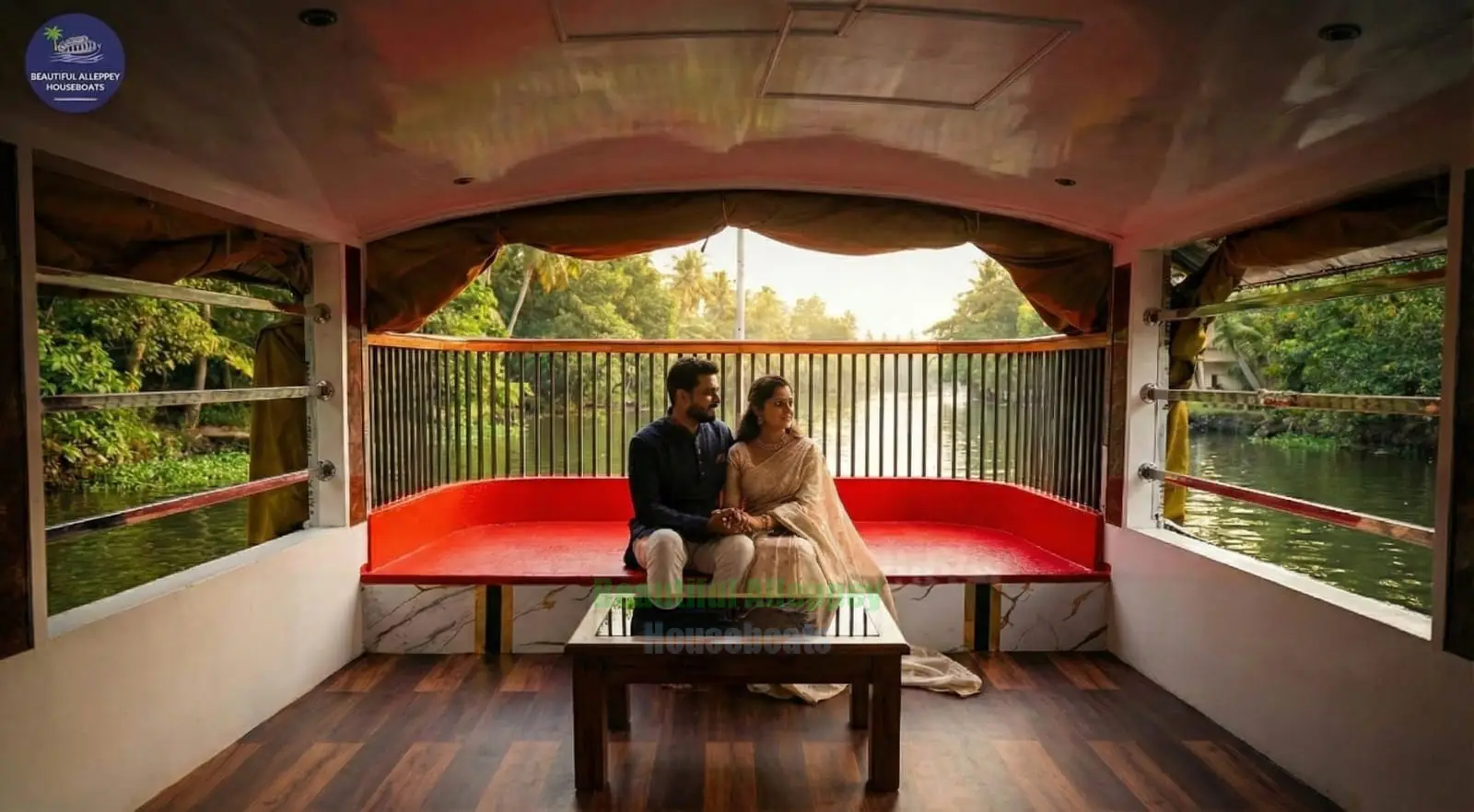 Romantic Upper Deck Seating Area Comfortable seating on the houseboat upper deck with ambient ceiling lighting