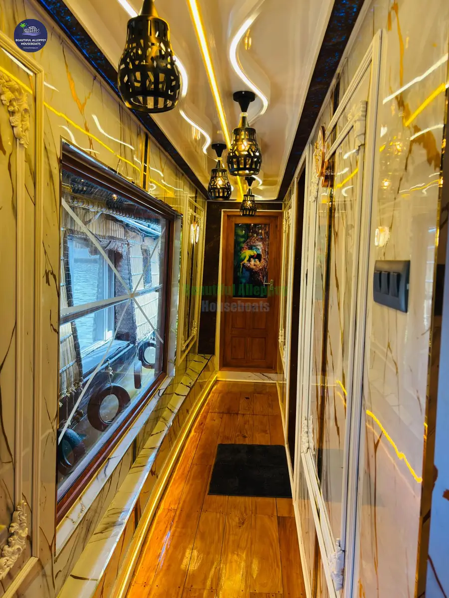 Houseboat Side Walkway View Clean wooden side deck walkway of a premium A/C houseboat in Alleppey