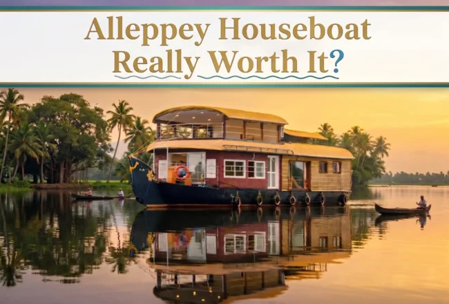 Alleppey Houseboat Review Banner: Is an Alleppey Houseboat Really Worth It? featured image with Divine Cruises boat on Kerala backwaters at sunset.