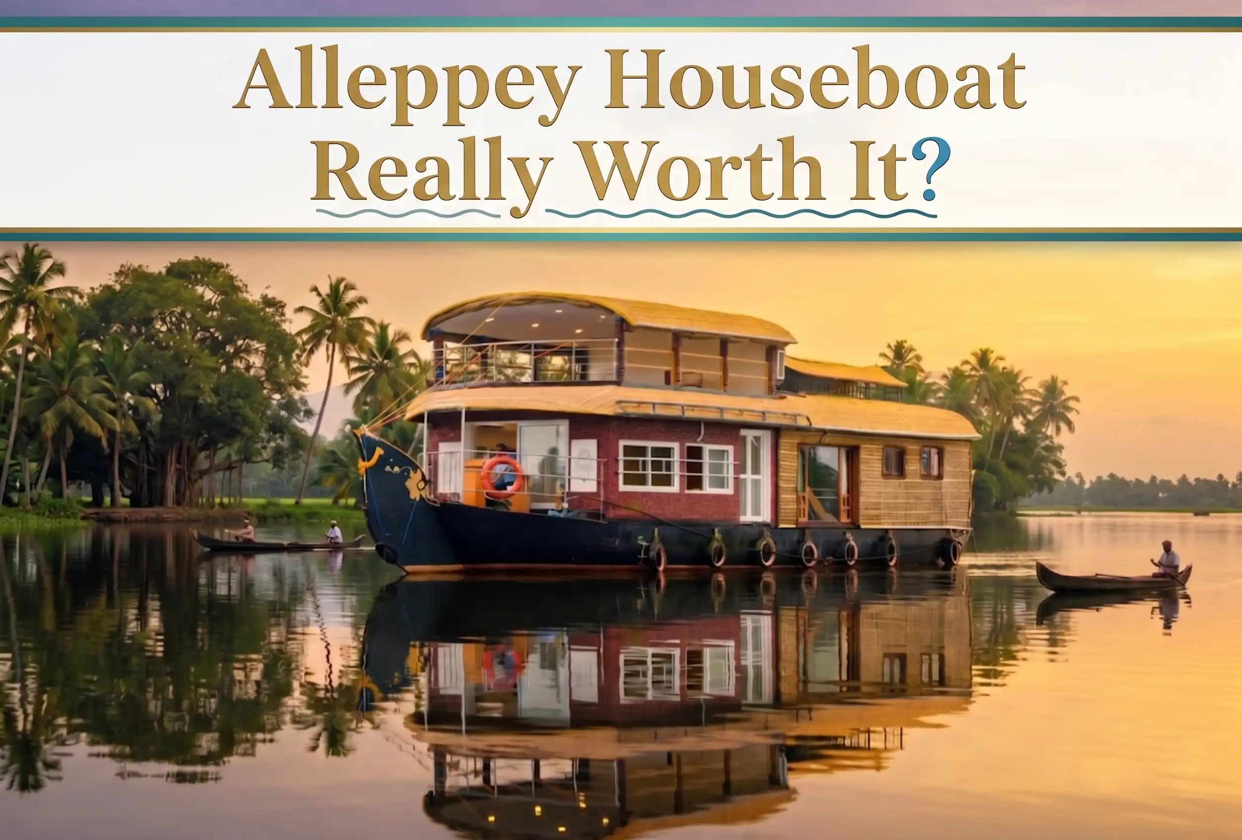 Alleppey Houseboat Review Banner: Is an Alleppey Houseboat Really Worth It? featured image with Divine Cruises boat on Kerala backwaters at sunset.
